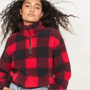 Red and black plaid fleece quarter zip. Large from Eddie Bauer.
